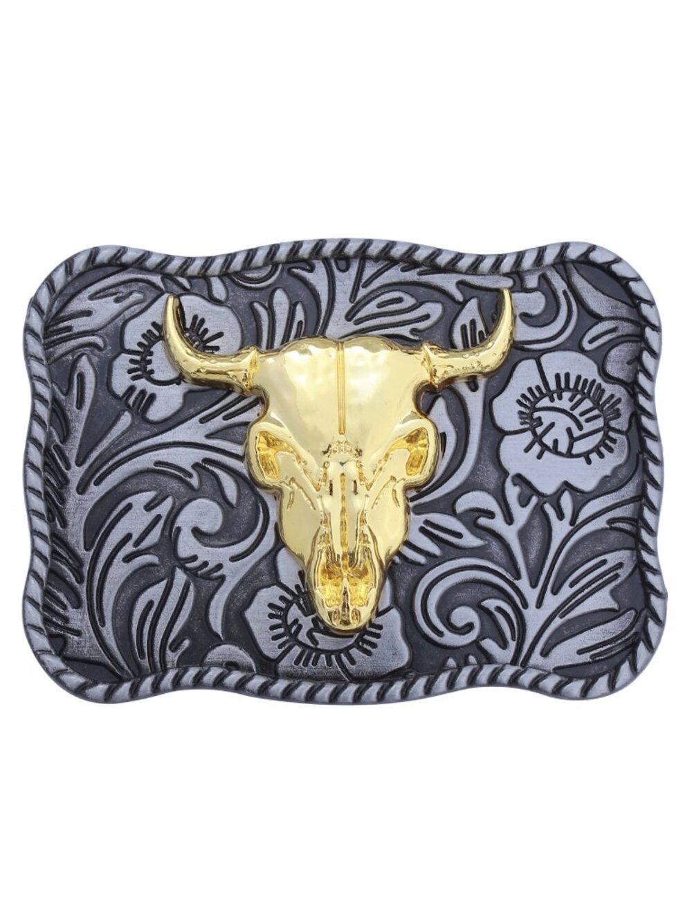 Western Bull Skull Belt Buckle Floral Engraved Cowboy Longhorn Gift 3. 5 x 2.5